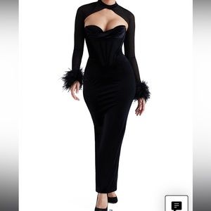 Thalia Long Sleeve Feather Trim Velvet Corset Dress with Shrug